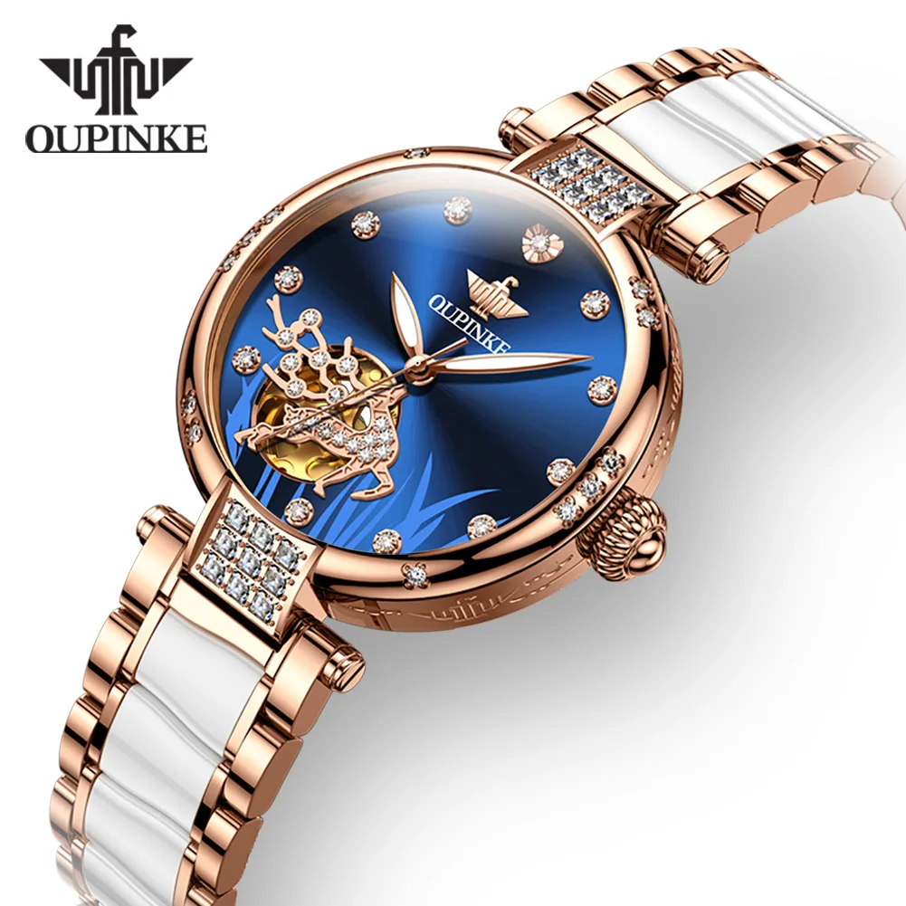 OUPINKE 3211 Automatic Watches for Women Skeleton Diamond Dial Luxury Elegant Ceramic Strap Luxury Ladies Mechancial Wristwatch
