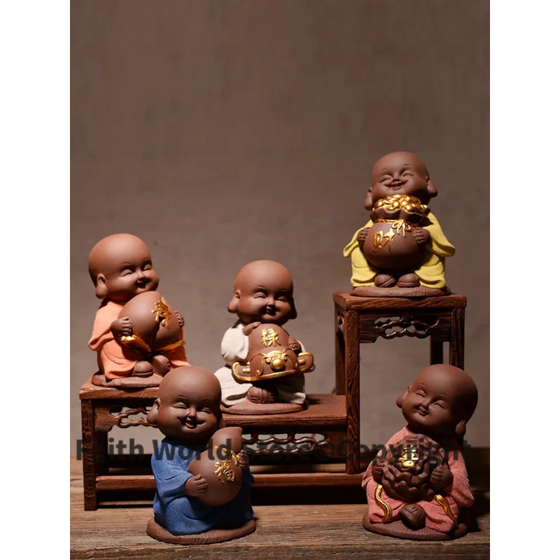 Marvellous ART gift # Spiritual realm OFFICE home Buddhism CHAN DAO 5P Lucky Little Monk FENG SHUI porcelain pottery ART statue