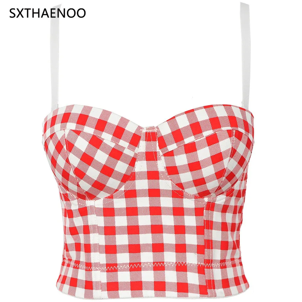 SXTHAENOO Vintage Strap Tanks Camis for Women Almighty Casual Plaid Patchwork Femme Croset Crop Tops with Built in Bras Camisole