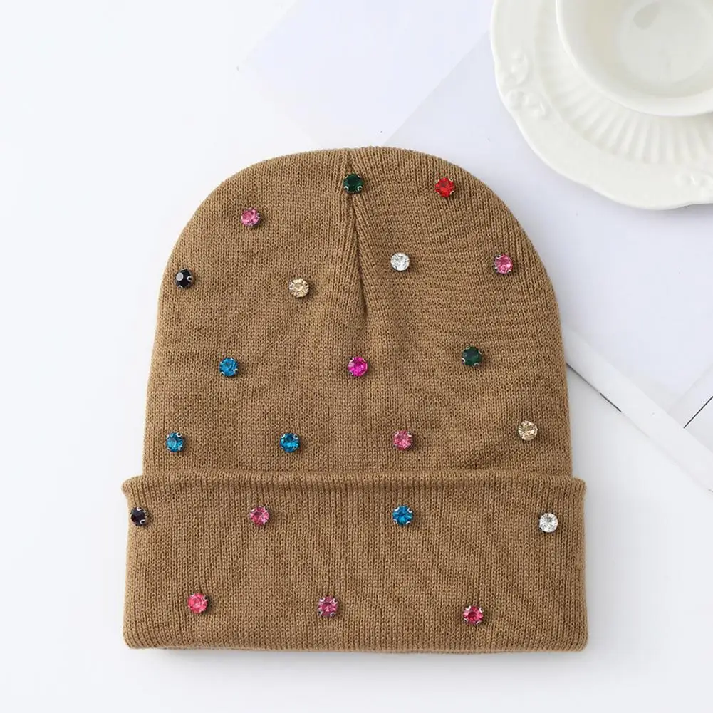 Warm Knitted Cap with Rhinestones Stretchy Winter Hat for Weather Colorful Rhinestone Knit Hat Women’s Sparkly for Weather