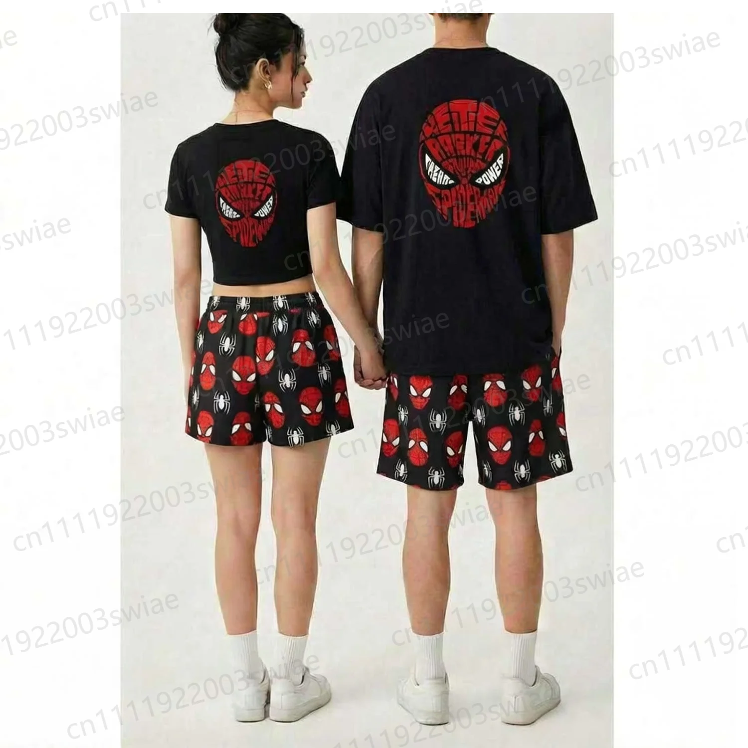 

2026 New Summer Couples Matching Spider Print T Shirt Shorts Set Women Crop Top Men Oversized Tee Homewear For Adult/Kids tee