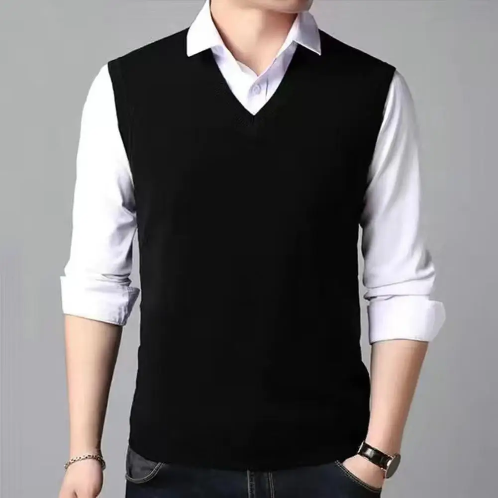 Solid Color Men Vest Versatile Mid-aged Men\'s Knitted Sweater Vest Solid Color V-neck Pullover with Ribbed Cuffs for Spring