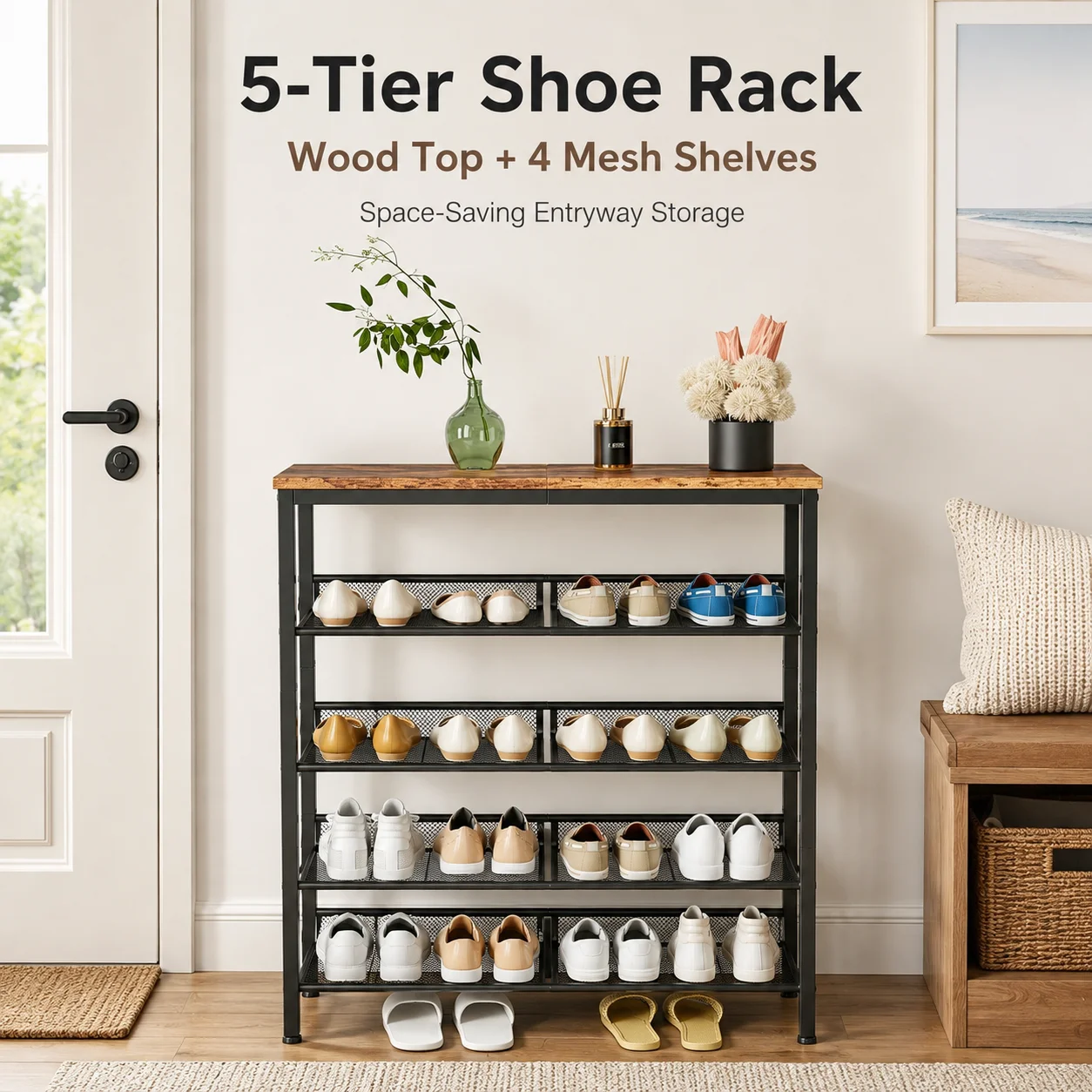 5 Tier Shoe Rack Shoe Storage Organizer with MDF Top and Metal Mesh Shelves Entryway Shoe Shelf for Home with Adjustable Feet