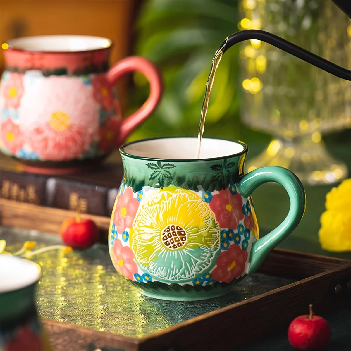 1 Creative Hand-Painted Ceramic Cup - Floral Coffee Cup with Handle - Suitable for Hot or Cold Drinks, Summer and Winter Beverages, Christmas, Weddings, Birthdays, Valentine's Day Gifts