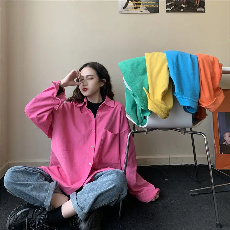 

Shirts Women Solid Basic Loose Simple All-match Casual Hot Sale Soft Students Spring Female Leisure Ulzzang Clothes Candy Color
