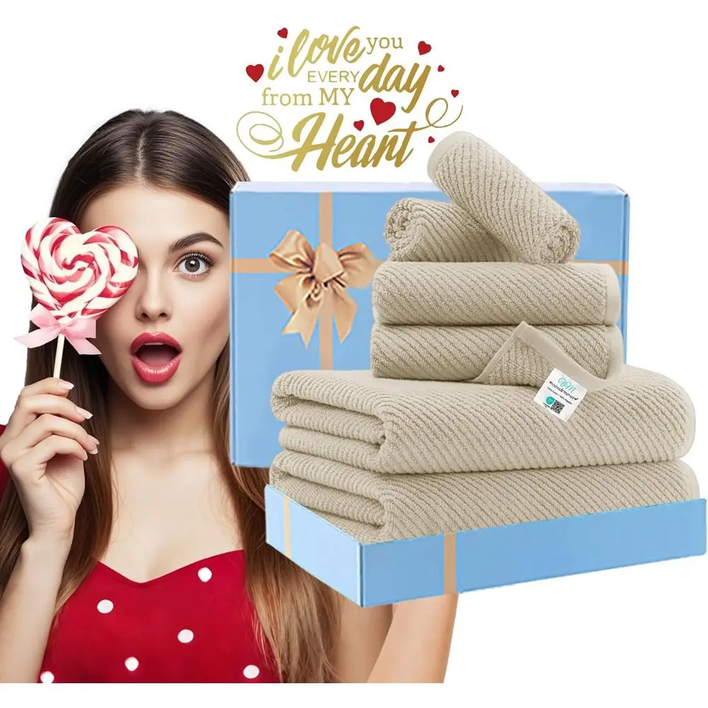 Katoenen badhanddoekenset - 6-delig, 2 groot 30x56, 2 hand 18x28, 2 washandjes 13x13, sneldrogend, zacht en dik, beige