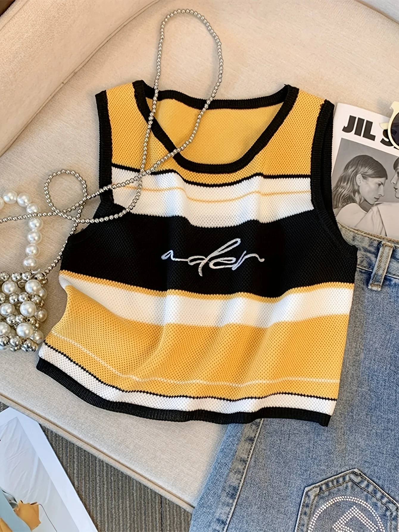2024 New Yellow Embroidery Letter Print Striped Tank Top Casual Sleeveless Tank Top For Summer Women\'s ClothingElastic Crop Top