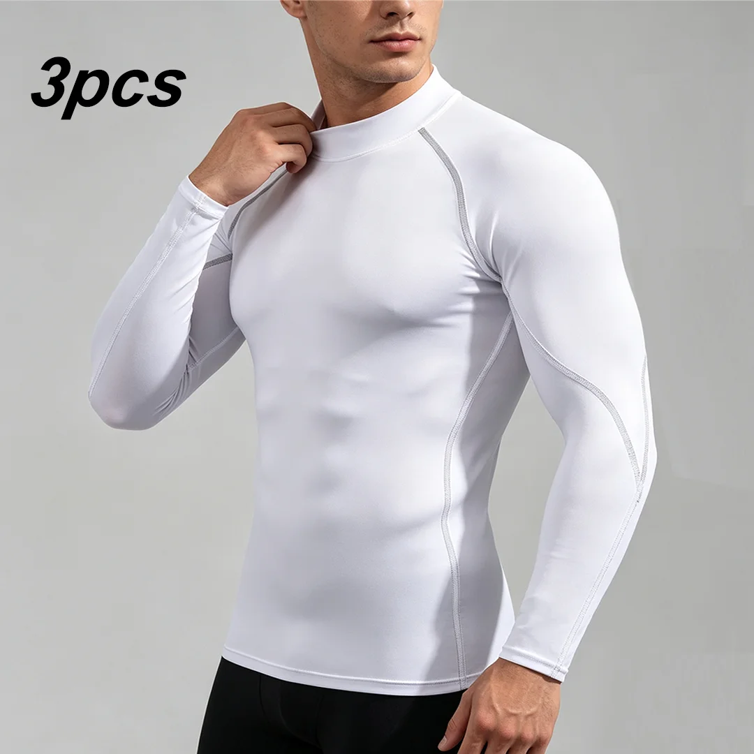 3pcs Men Sport T-shirt Quick Dry Long Sleeve Compression Tops Bodybuilding Running Shirt Black White Gym Fitness Tight T Shirt