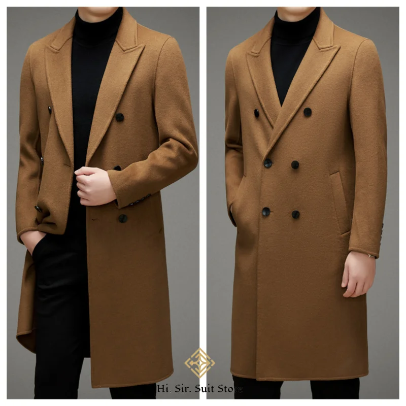 

High-end Men's Double-breasted Wool Coat Fashionable Long Wool Knee-length Casual Suit Jacket for Men Peak Lapel Customized Coat