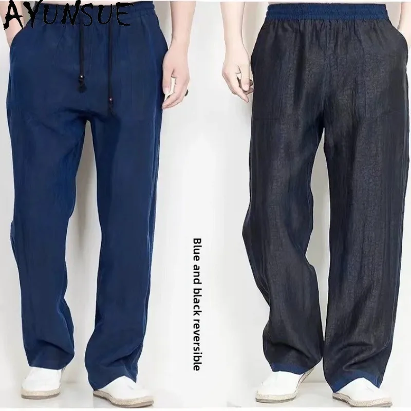 AYUNSUE 100% Natural Mulberry Silk Pants for Man Spring Summer Reversible Trousers Men Watered Gauze Pants Casual Streetwear