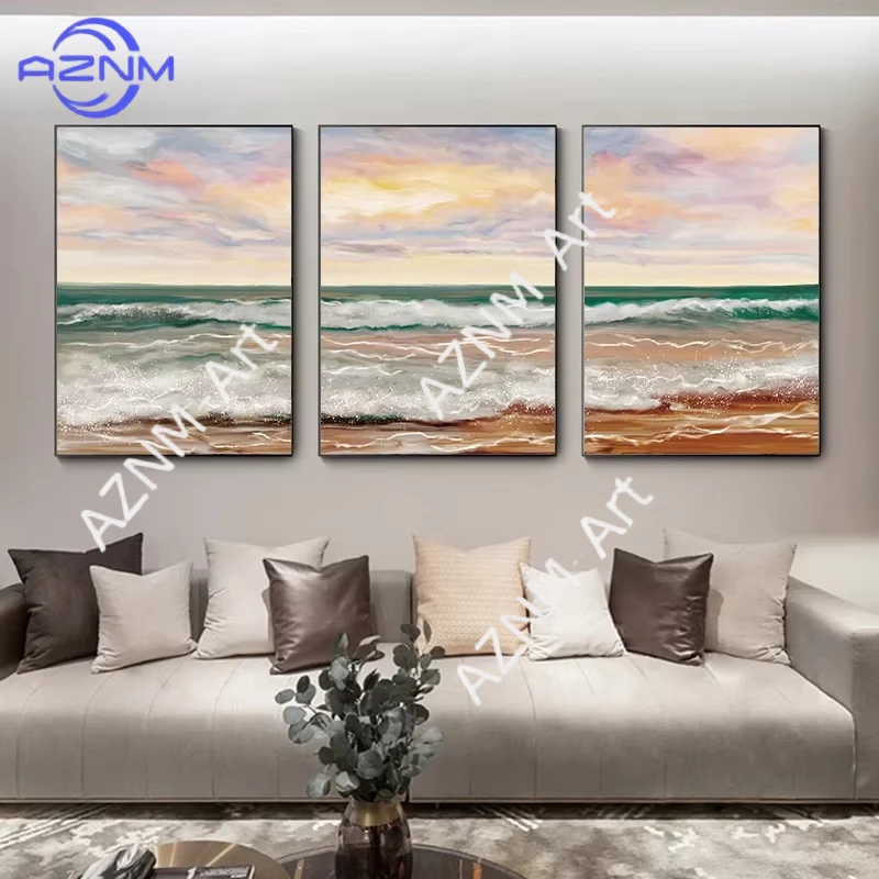 1/3pc Seaside Color Sunset Sea Horizon Wave Abstract Landscape Oil Painting Canvas Poster and Print Wall Art Nordic Decoration