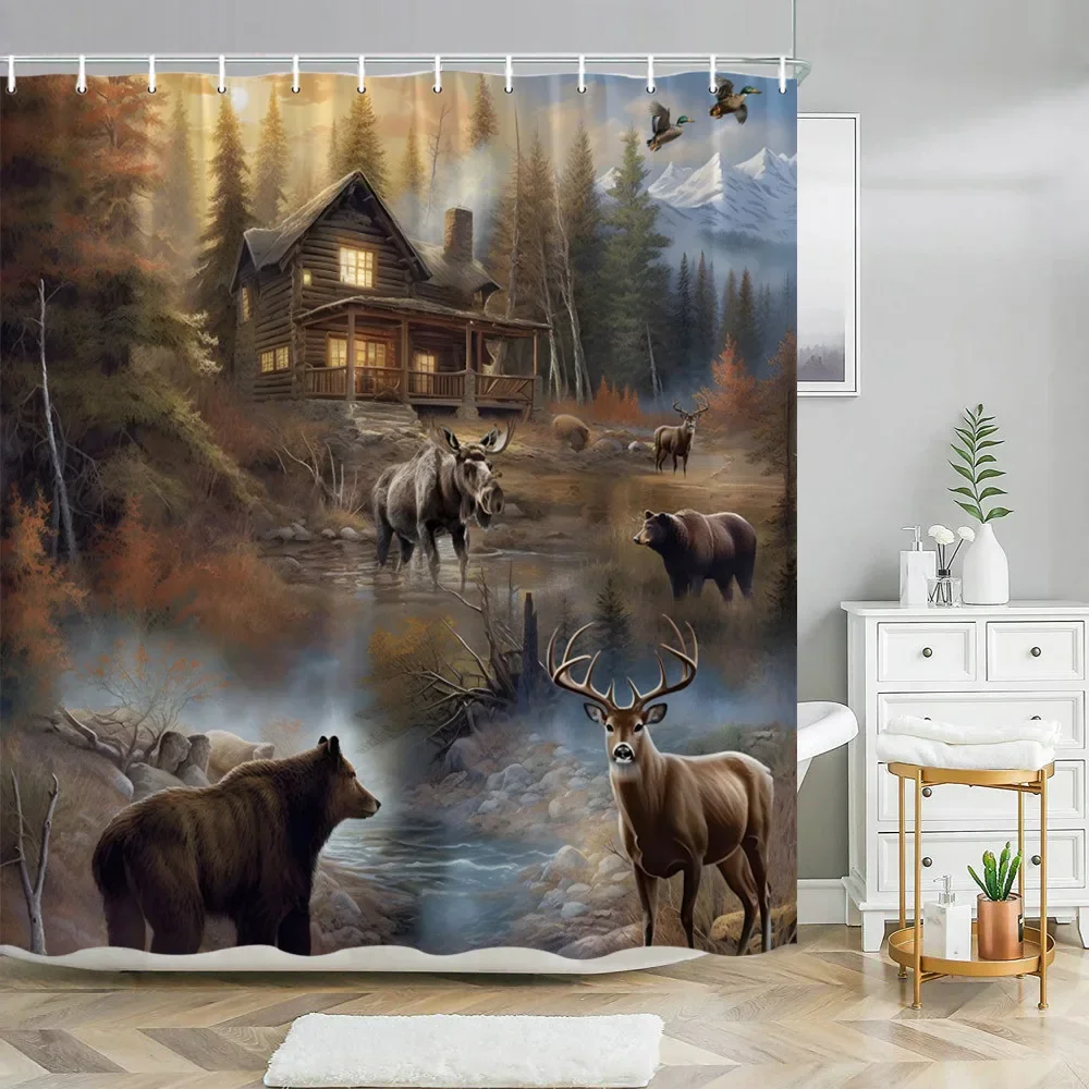 

Занавеска для душа в деревенском лесу, дикой природой, медведь, лось, олень, текилия, осенняя сцена, полиэстер с 12 крючками, декор для ванной комнаты с тематикой кабины