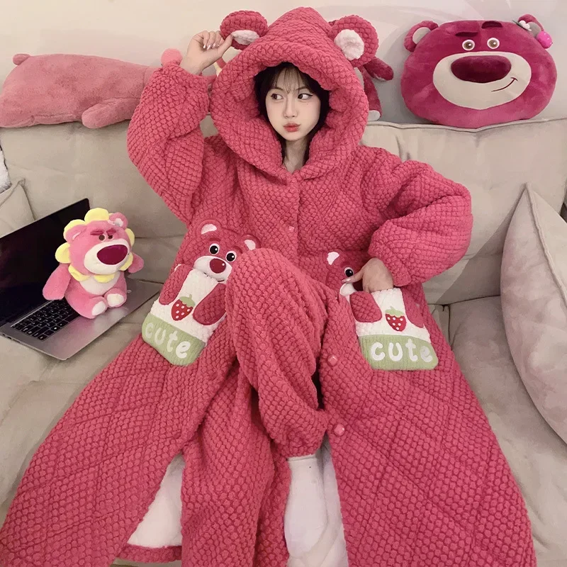 Disney pajamas winter warm two-piece set cartoon strawberry bear loungewear women's pajamas set Disney strawberry bear pajamas