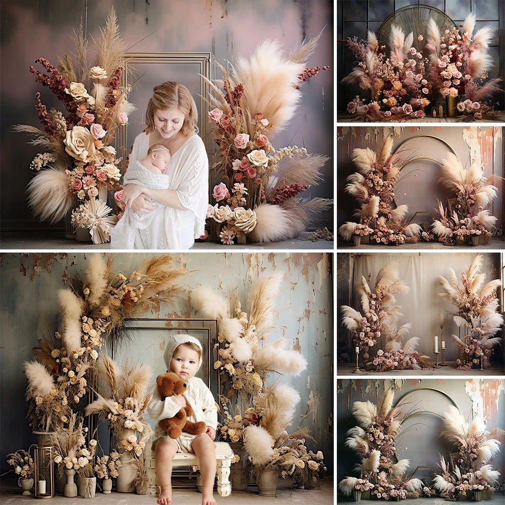 Mocsicka Photography Backgrounds Studio Boho Pampas Grass Gold Border Decor Background Pregnant Woman Baby Birthday Photo Studio