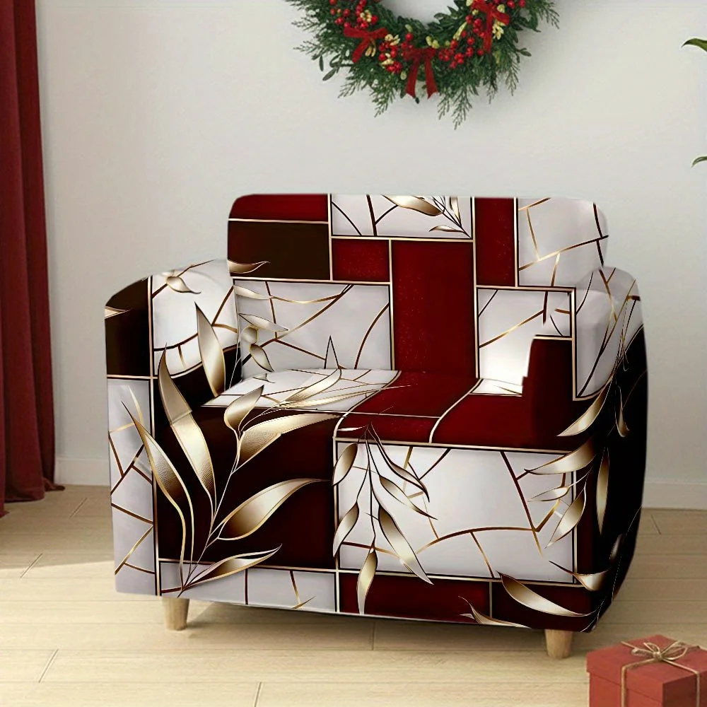 1pc Modern Red & Gold Marble Leaf Sofa Slipcover, Decorative Couch Cover for Home Decor