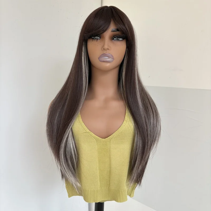 

Dress Up Wigs With Fringe Mixed Brown blonde Long Straight Synthetic Hair Women