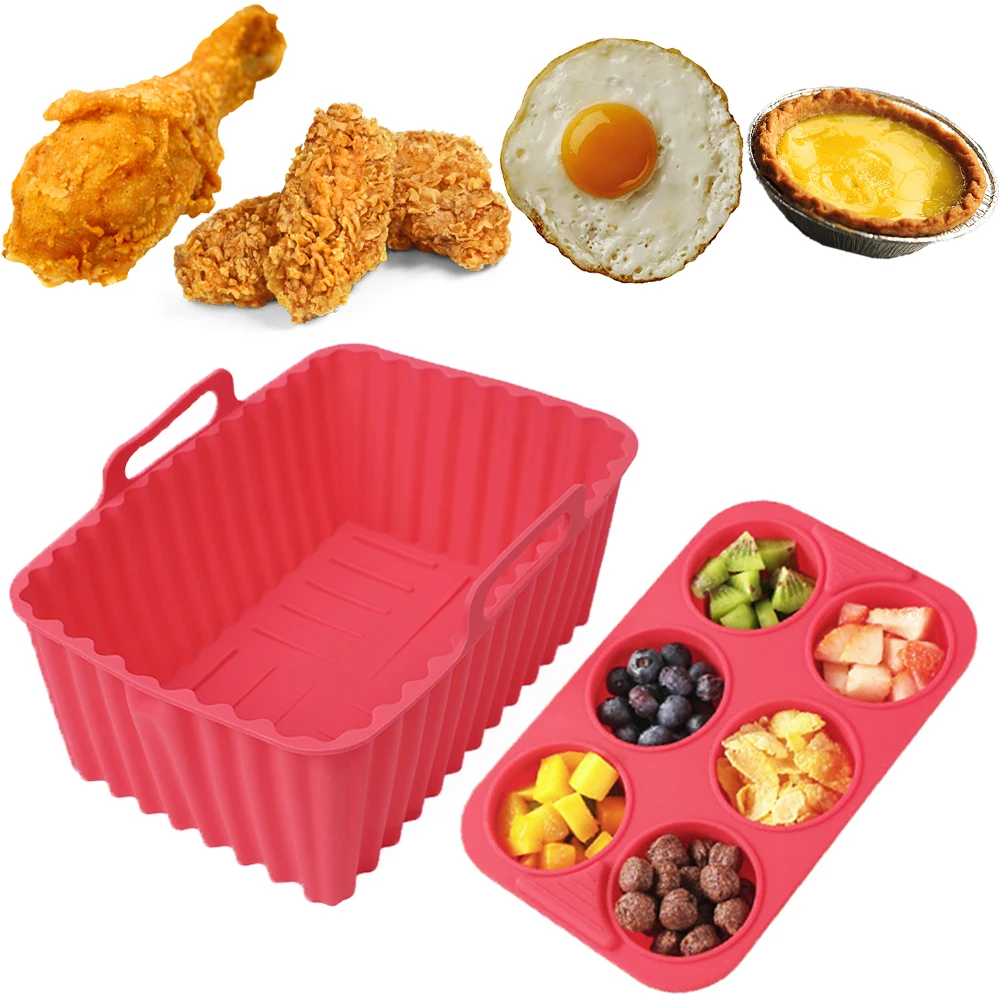 2Pcs Air Fryer Silicone Tray Set, Reusable Silicone Air Fryer Liner with Muffin Mold, Food Grade Air Fryer Accessories