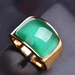 Mens Large Green Opal Gemstone Ring Gold Color Solid Stainless Steel Ring with Stone Wedding Bands Party Jewelry Gift Wholesale