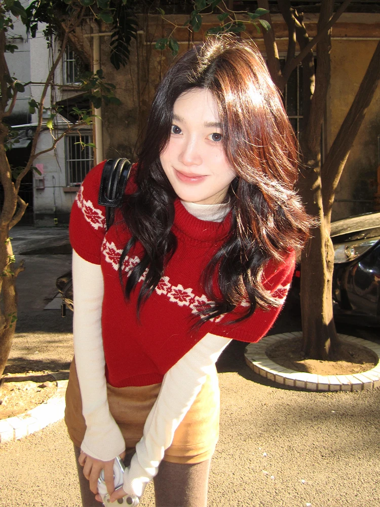 

Red High Collar Sweater Women's Spring Lazy Layering ort Sve Knitted Slimming Casual Top Trendy Ciwalk Faion