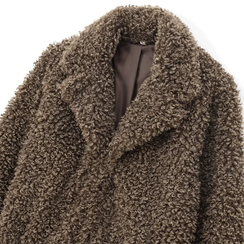 أنيقة موضة التلبيب كم كامل معاطف دافئة سيدة شيك شارع العليا ملابس خارجية شتوية غير رسمية 2026 المرأة الصلبة فرو الضأن معطف قصير #4