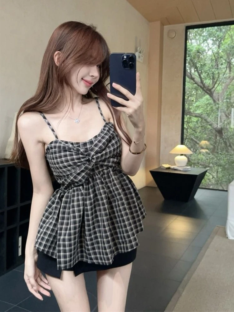 Streetwear Gyaru Tanks Sleeveless Plaid Patchwork Folds Summer Female Slim Tops All Match Fashion Vintage 2024 Women\'s Clothing