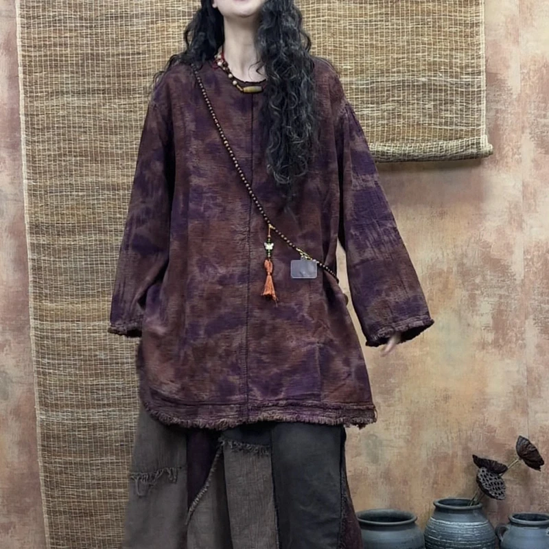 

2026 New Arrival Spring & Autumn Loose Casual Tie Dye O-neck Long Blouse Women Long Sleeve Good Quality Cotton Linen Shirt S159