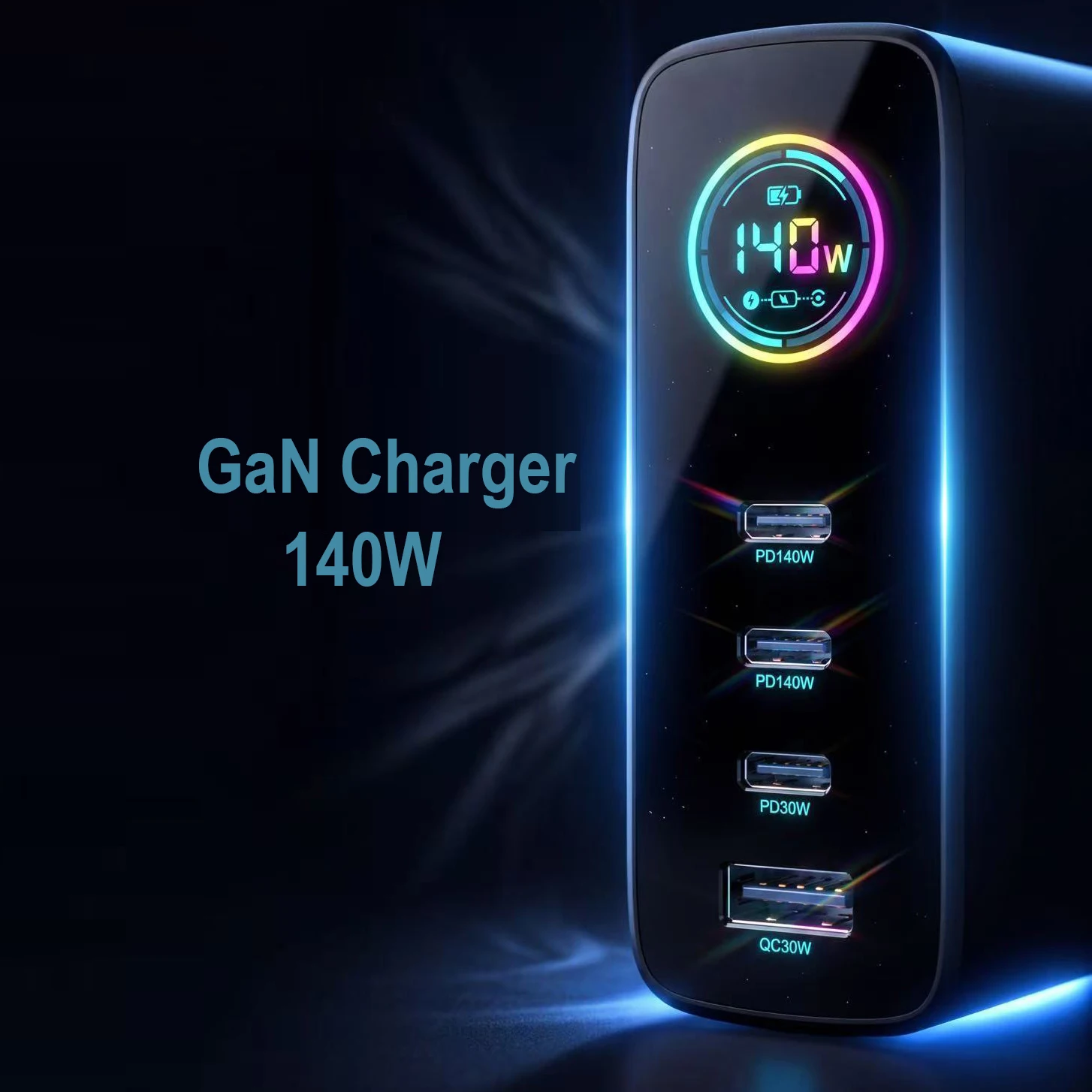 140w-gan-usb充電器-3c1a-デスクトップ急速充電usb-type-c充電器-ledディスプレイ搭載-iphone、xiaomiスマートフォン、ノートパソコン対応