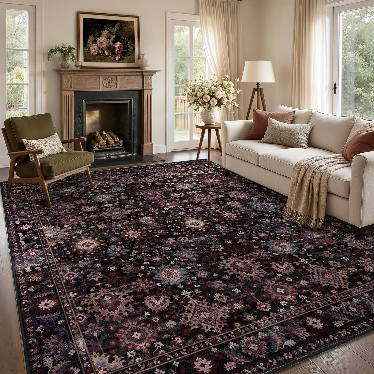 8x10 Extra Large Black Oushak Oriental Boho Area Rug Washable Non Slip Low Pile Carpet for Family Guest Room Home Decor