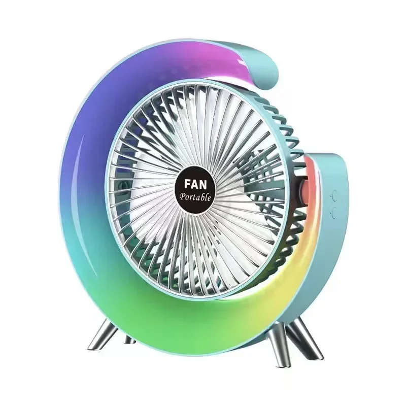 G shape 7 colorful LED night light desktop fan 1800mah rechargeable Home dormitory office air circulation electric portable fan