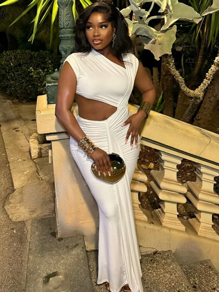 Sukienki Długie Bez Rękawów z Asymetrycznym Dekoltem, Plisowane, w Jednolitym Kolorze, w Stylu Casual, z Motywem Siostry Gwiazdy, w Stylu Streetwear, z Rybim Ogonem, Personalizowane