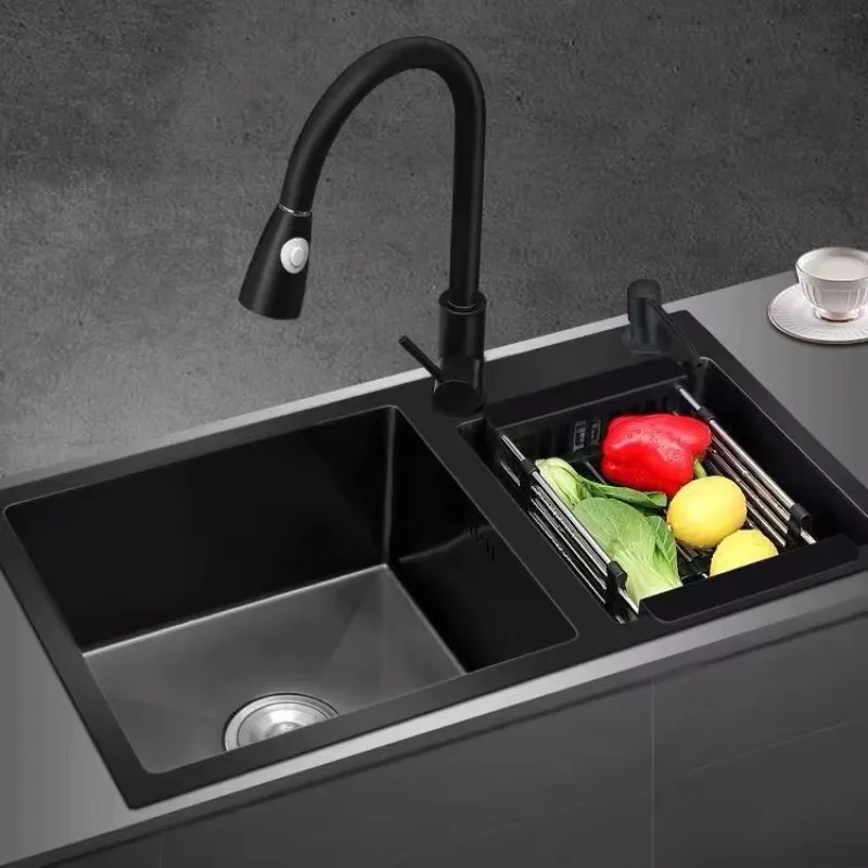 to Kitchen Household Single Bowl Faucet Double Slot Handmade 304 Stainless Steel Black Nano Thickened Including Drain