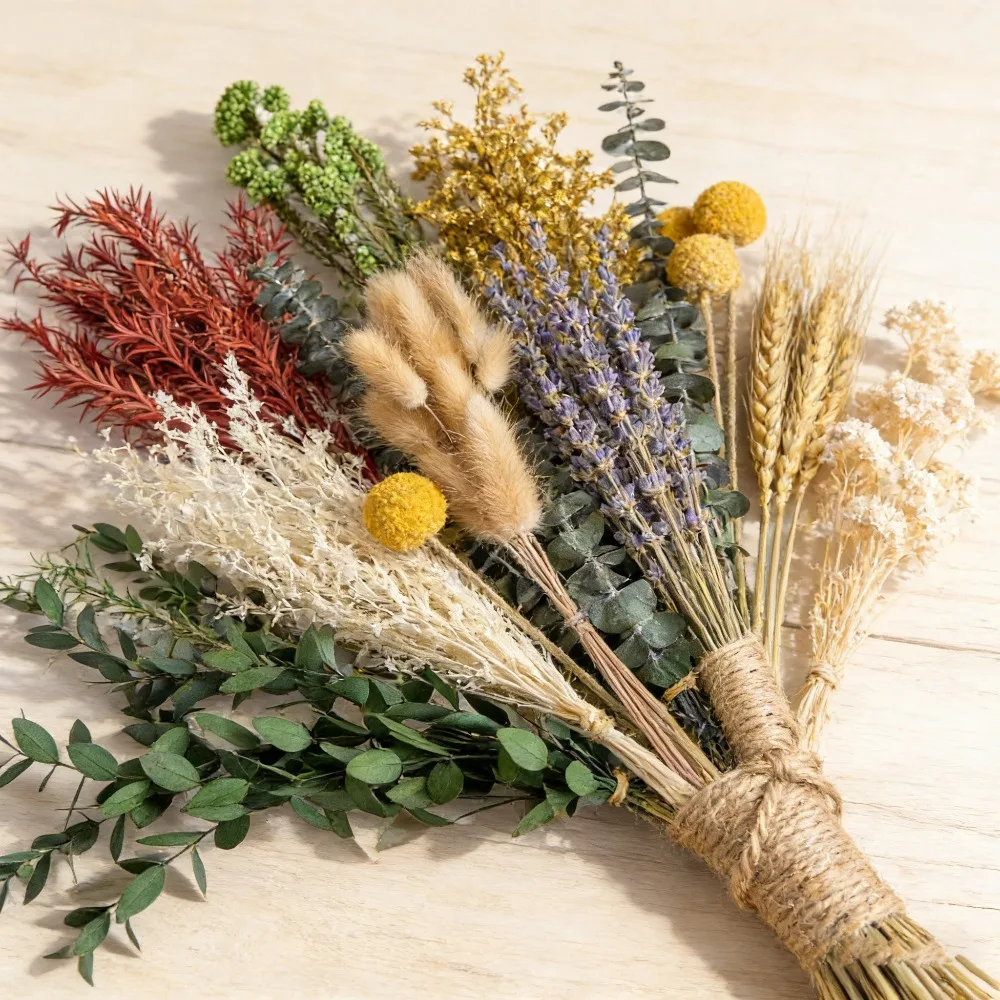 Set de 12 Flores Secas Surtidas, Kit Natural de Eucalipto, Lavanda y Billy Balls, Decoración Boho para Jarrones, Arreglos Florales para el Hogar y Días Festivos