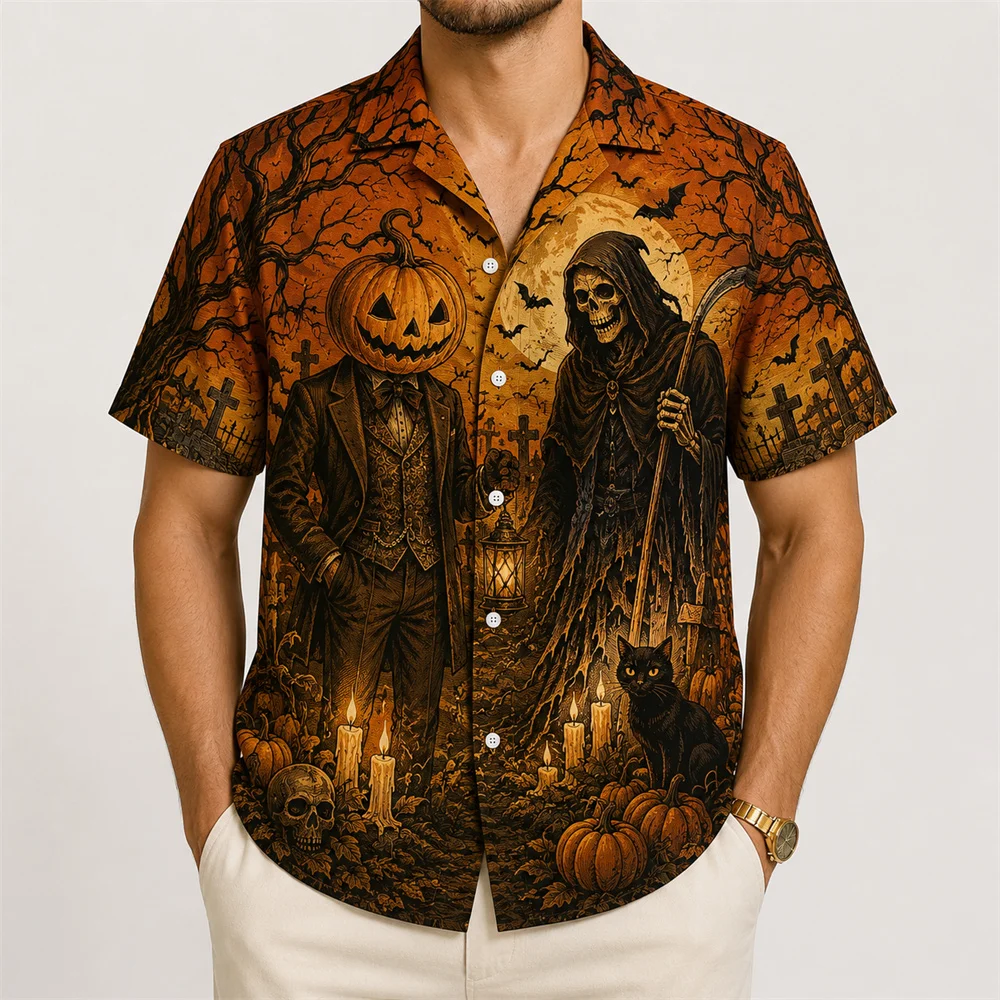 Halloween Pumpkin Reaper Shirt For Men 3D Print Jack O Lantern Short Sleeve Shirt Scary Graveyard Horror Party Costume 2026 New