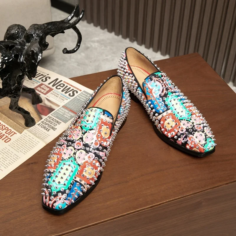 

Mixed Colors Printed Mens Leather Shoes Fashion Spikes Loafer Handmade Flats Dress Shoes Men Party Shoes