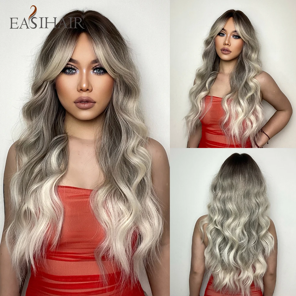 Easyhair brązowy jesion blond peruki syntetyczne Ombre długie faliste z grzywką naturalna peruka dla kobiet Cosplay codzienna peruka termoodporna