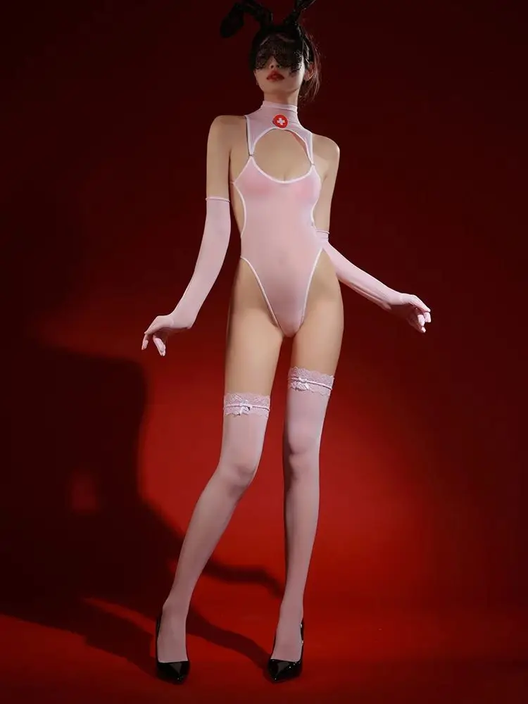 Rückenfreier Nylon-Badeanzug, hoch geschnittener Body, Handschuhe, Strümpfe, Cosplay-Outfit, Strumpfhosen, transparent, sexy Clubwear, Body, Teddies, Dessous