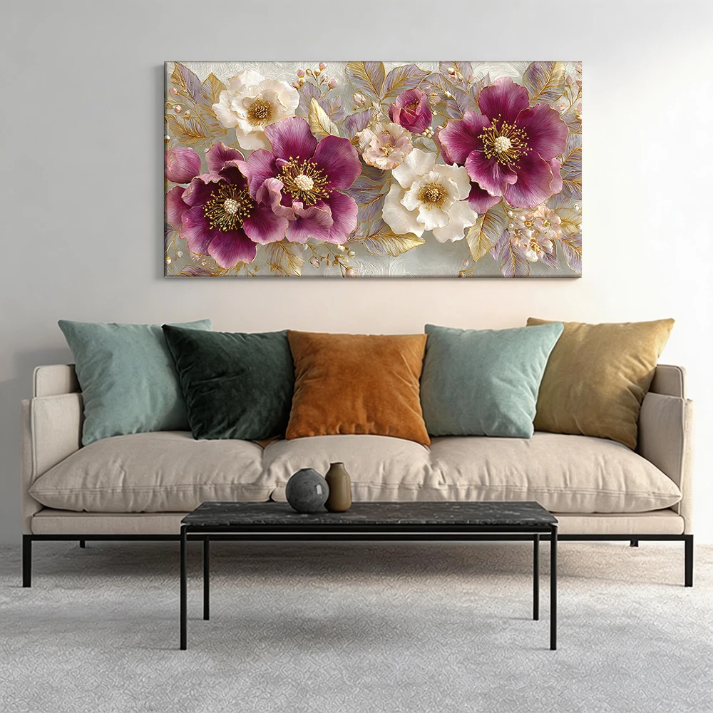 

Large-sized solid wood frame canvas painting 1pc Floral art, purple white blooms.