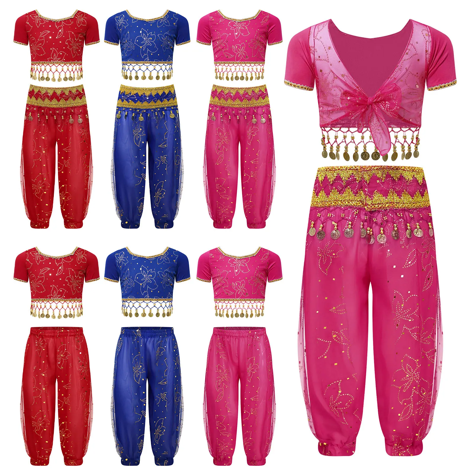 

Children Girls Belly Dance Set Halloween Theme Party Carnival Dance Party Clothes Suit Shiny Sequins Crop Top with Pants Outfits