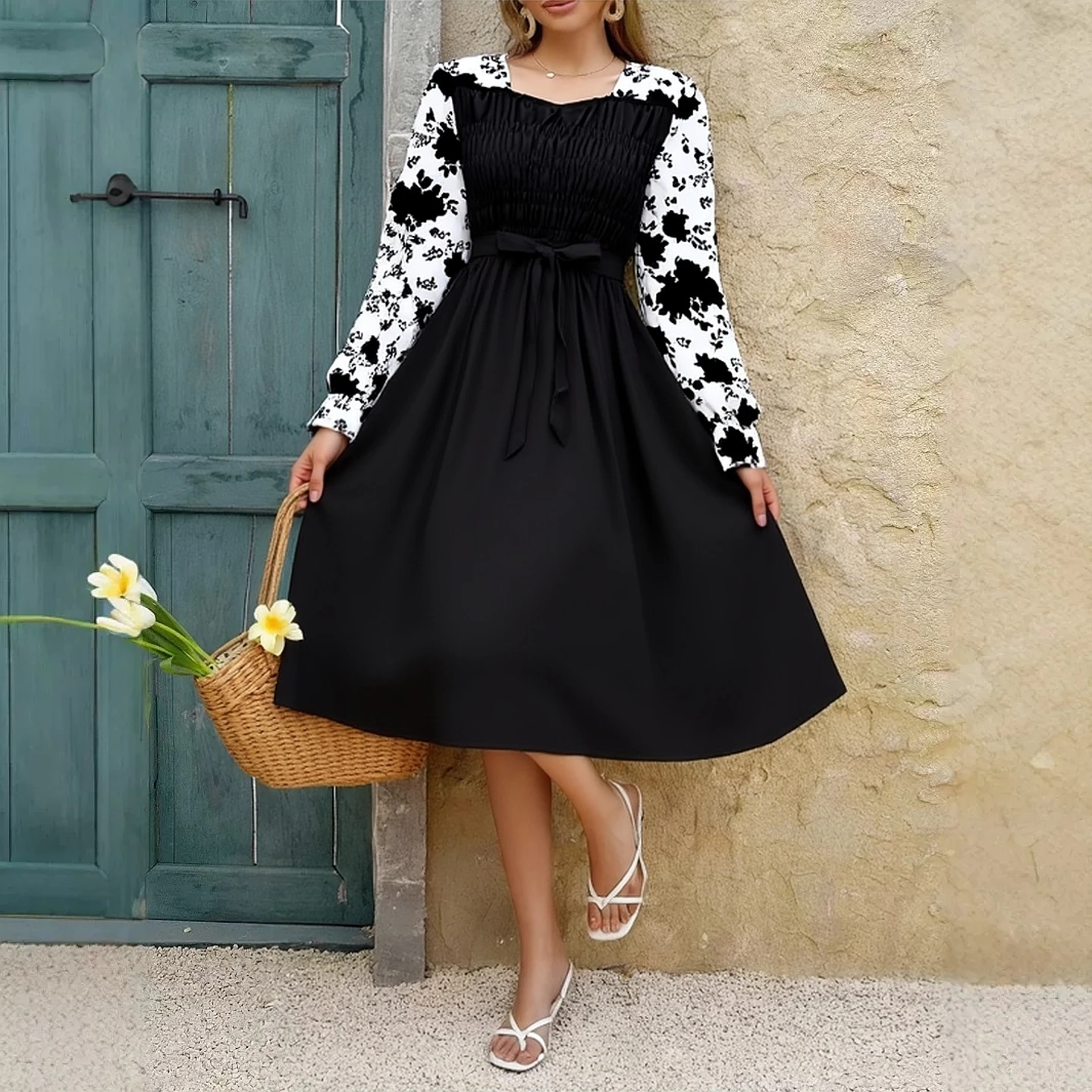 ยูโอ มูโอชุดเดรสแขนยาวผ้าชีฟองสำหรับฤดูใบไม้ผลิและฤดูร้อน ชุดเดรสยาวปานกลางสำหรับผู้หญิง เอวยางยืด ลายพิมพ์ดอกไม้ แต่งผ้าแบบแพทช์เวิร์ค ชุดลำลอง