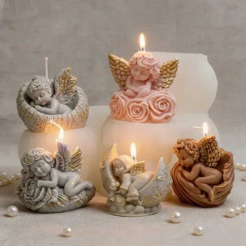 

2026-Latest Models Angel Shaped Silicone Candle Molds Cute Rose Wing 3D Cherub SleepMoon Design DIY Resin Aroma Home Decor Shell
