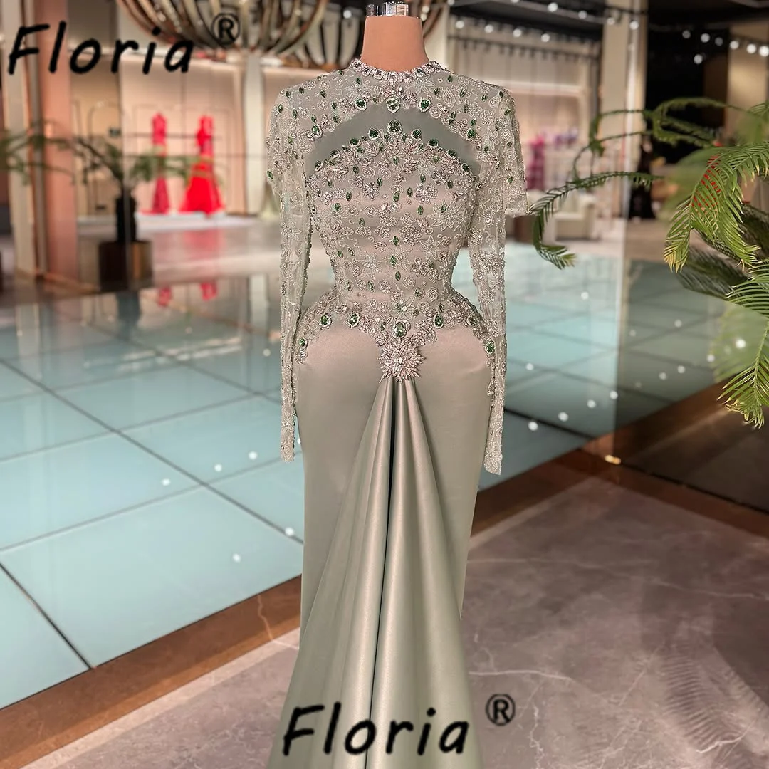 

Elegant Green Beaded Satin Evening Dress Mermaid Crystal Long Sleeve Prom Party Dresses Muslim Woman Customized Vestidos de gala