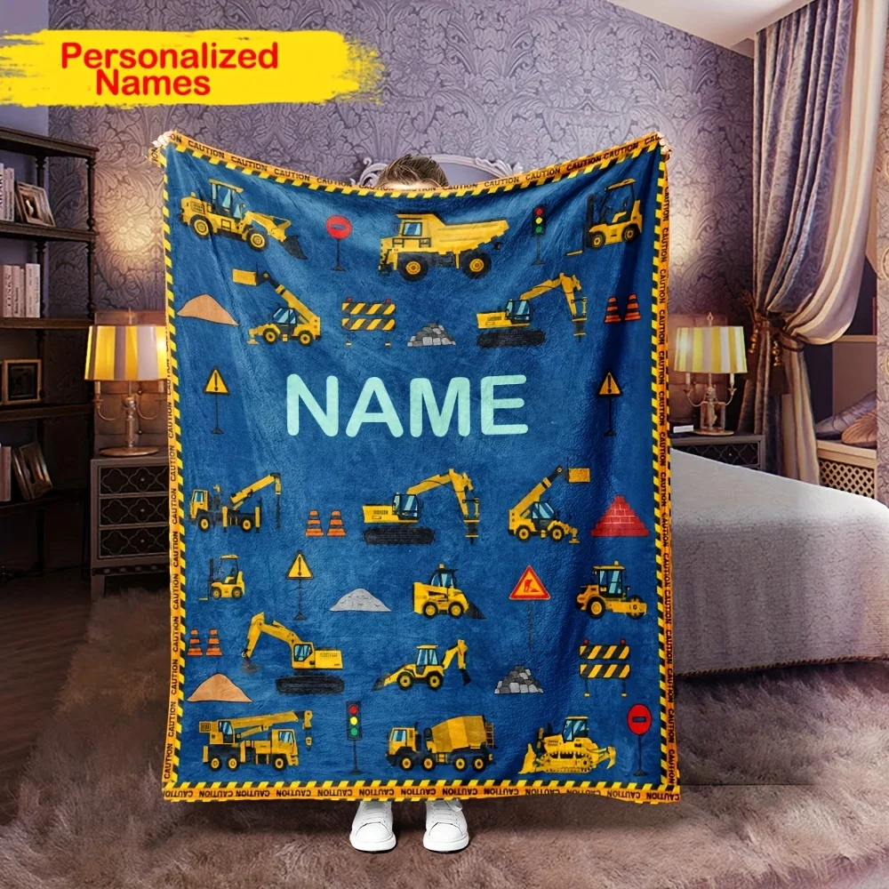 1pc-Personalized Name Excavator Blanket, Personalized Portable Lightweight Fleece Blanket for Sofa, Bed, Travel, Camping, Living