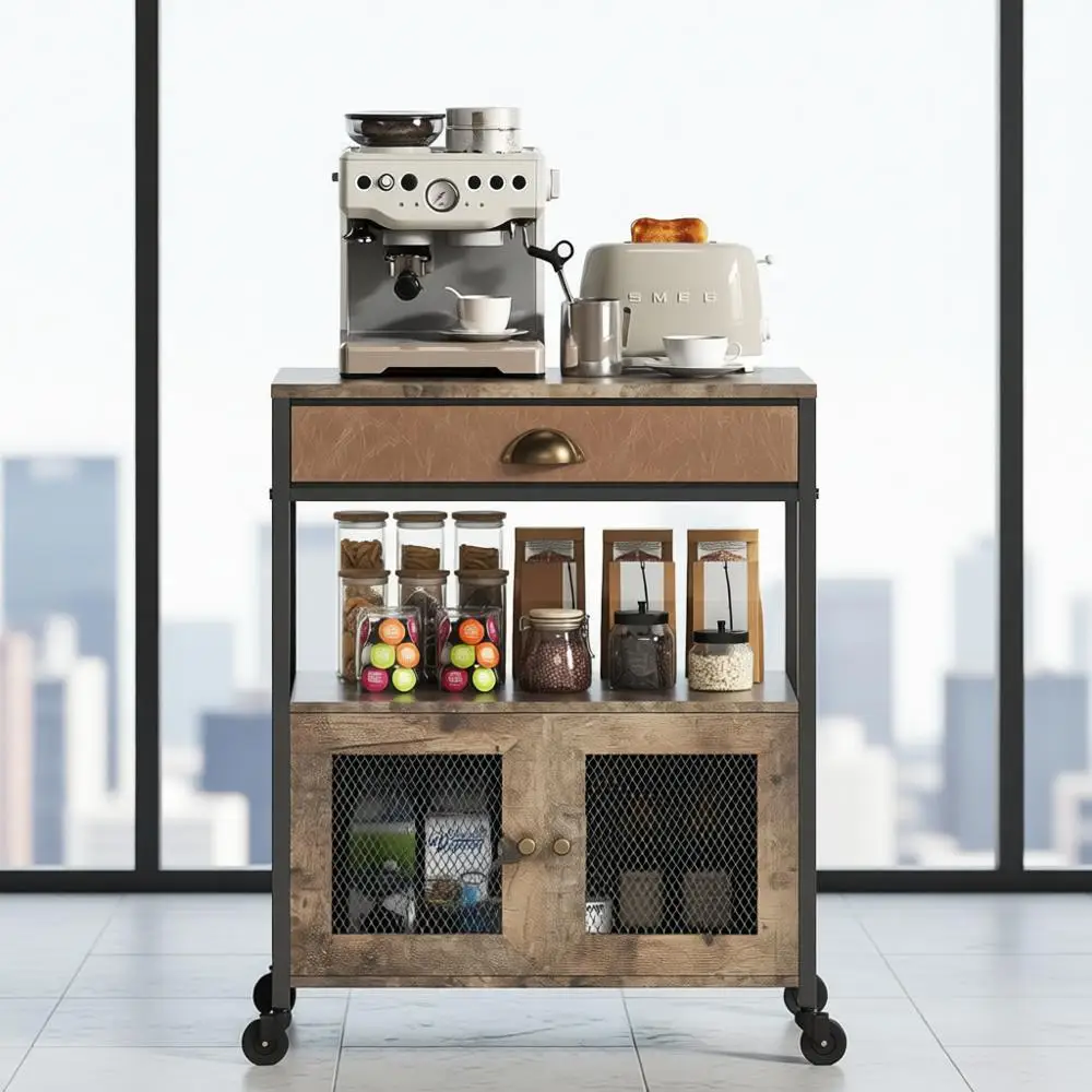 

Kitchen Coffee Cart with 3 Tiers, Drawer, and Wheels for Home, Living Room, Entryway, Dining Room Use