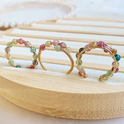 Wire Wrap Natural Tourmalines Crystal Rings for Women Small Beads Charm Gold Color Mixed Colorful Quartz Stone Crystal Open Ring