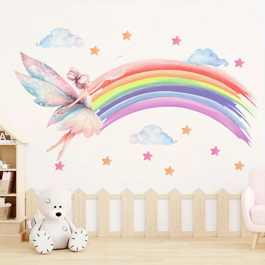 Cartoon Elf Girl Rainbow Wall Sticker Girls Room Cloud Elf Wall Sticker Children\'s Bedroom Decor Wallpaper Self-adhesive Decals