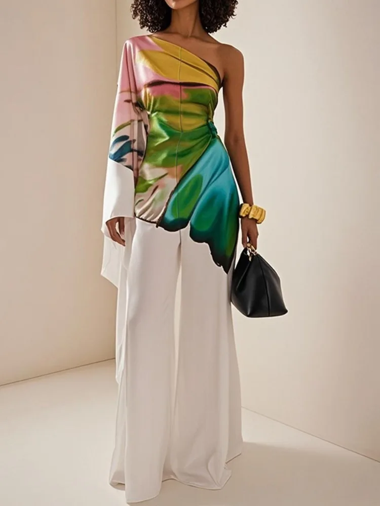 بدلة قفز نسائية أنيقة بأكمام واحدة من Freeacy بأكمام واسعة وساق واسعة فضفاضة مناسبة للحفلات بدلة من قطعة واحدة مآزر مطبوعة