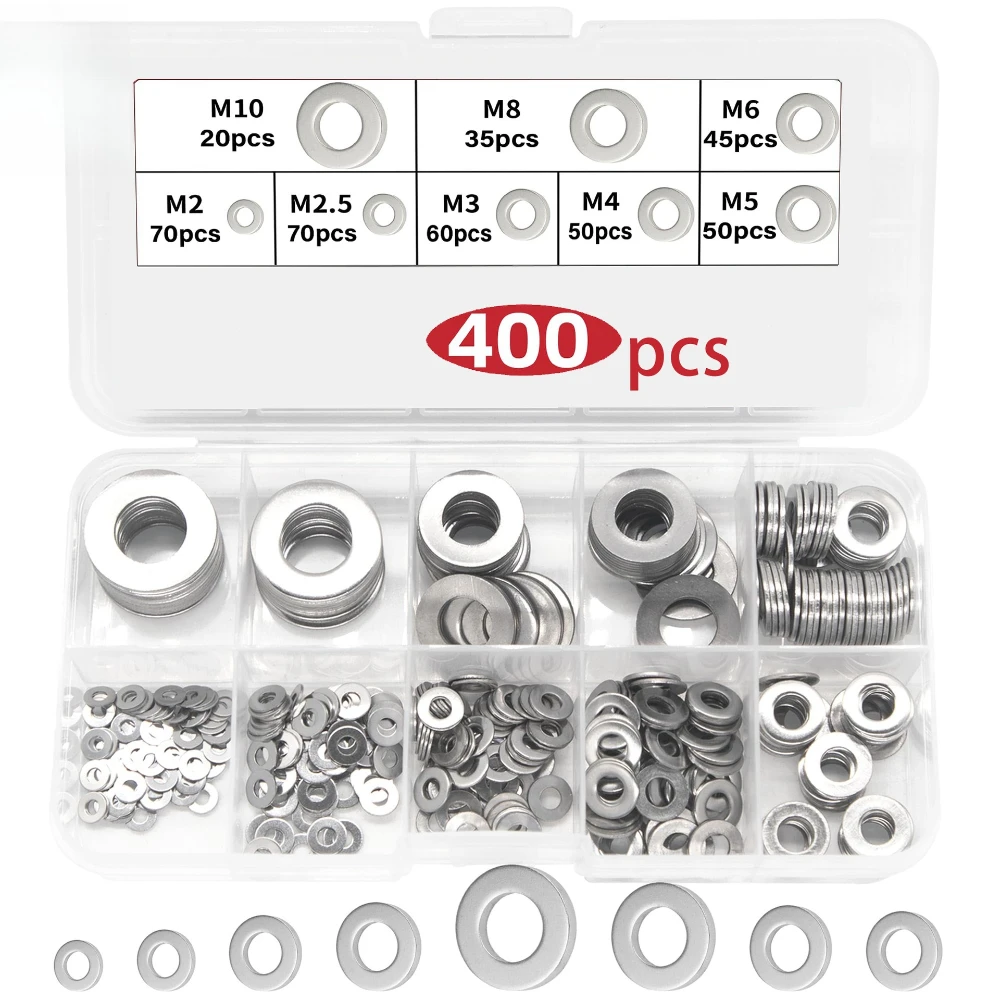 

400pcs Flat Washer Assortment Kit Stainless Steel Flat Thin Gasket Combination M2 M5 M6 M8 M10 Metal Threaded Gasket Flat Gasket