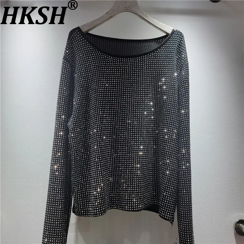

HKSH Spring Autumn New Women's T-shirt Round Collar Long Sleeves Studded Diamonds Versatile Punk Dark Tee Streetwear Top HK16003