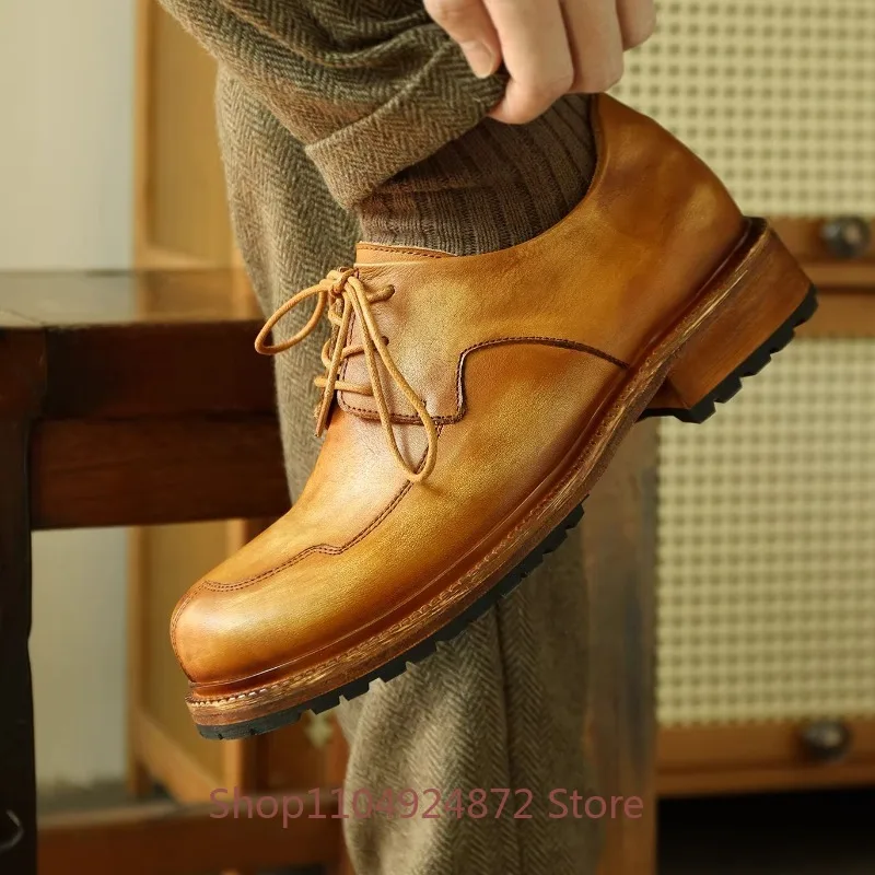 Designer British Style Round Toe Genuine Leather Sewing Thick Soled Commuting Men's Shoes Cowhide Dress Leather Shoes Man