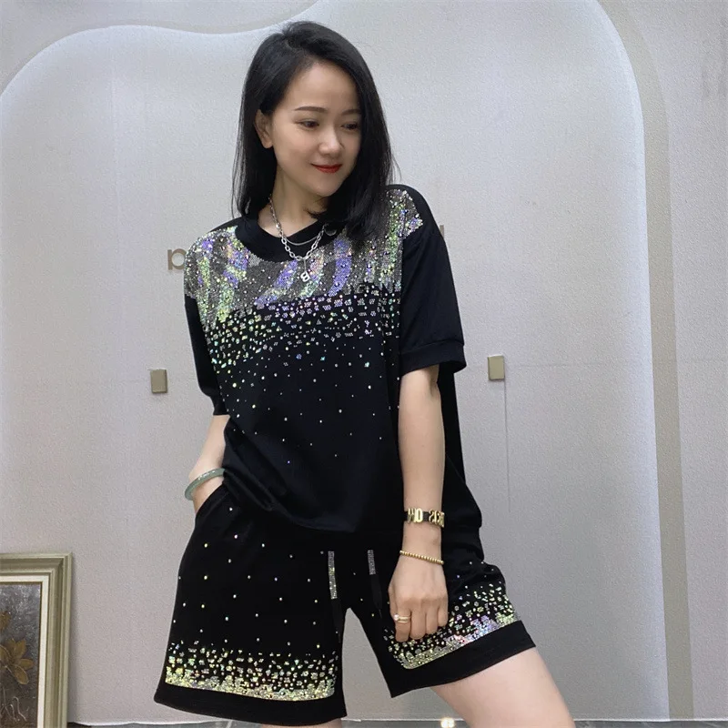 Summer Women Rainbow Diamonds Beaded T-shirts Crystal Beading Tees Short Sleeved Sequined Tops + Beaded Shorts Drilling 2pcs Set